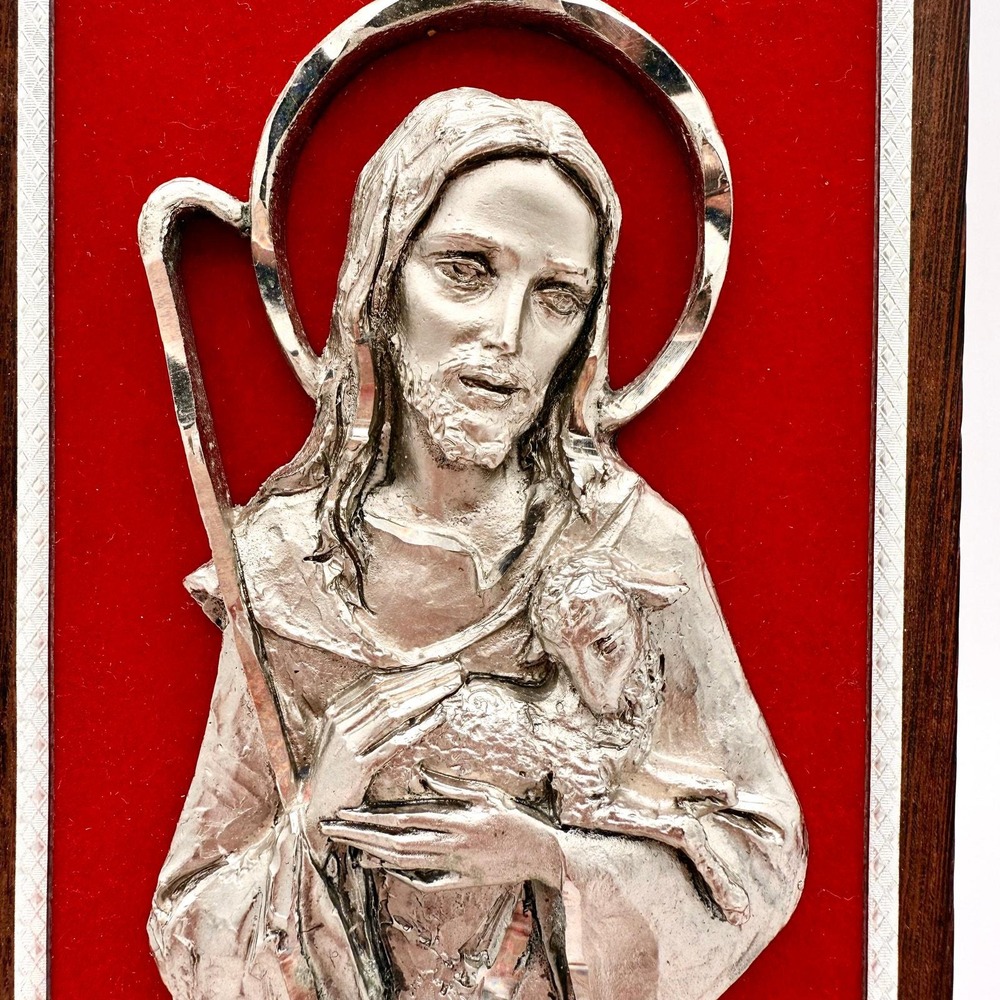 Vintage Italian Pewter Jesus Plaque Red Velvet by Peltro Italy– Good Shepherd 6" - Picture 6 of 9